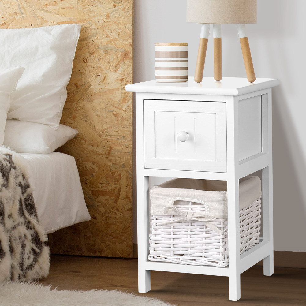 Bedside Table 1 Drawer with Basket Rustic White X2