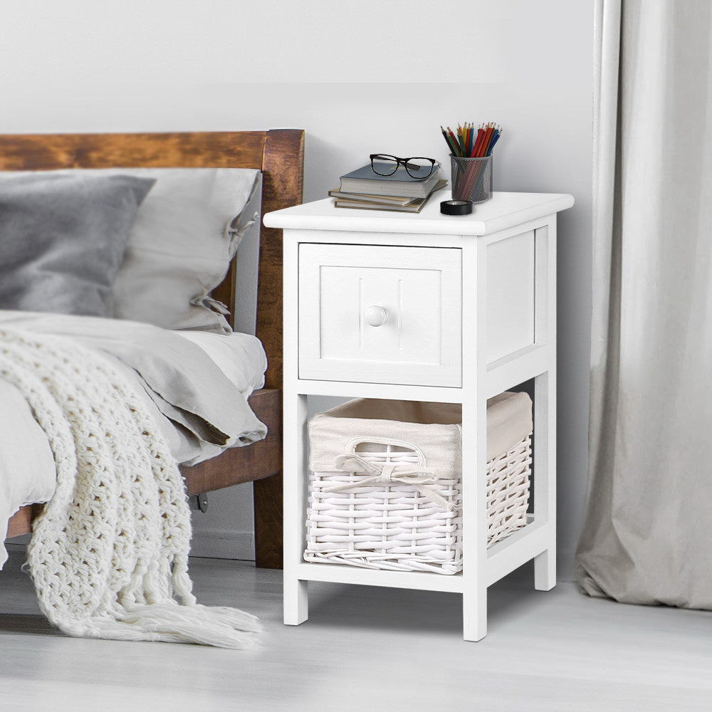 Bedside Table 1 Drawer with Basket Rustic White X2