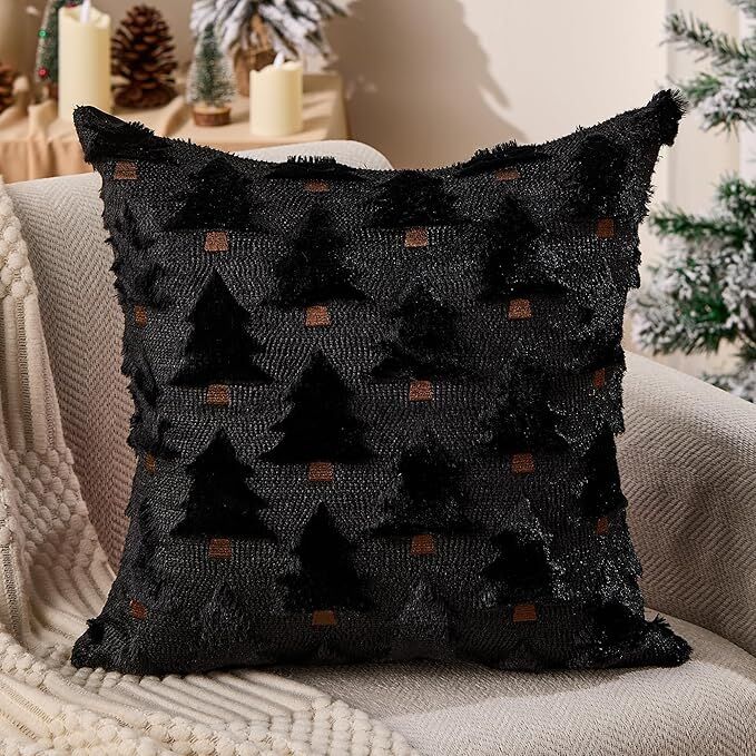 Pillow Covers 18x18 inch Set of 2 Black Christmas Decorations Soft Plush Faux Fur Wool Xmas Tree Throw Pillow Cases Winter Holiday Decor for Sofa Living Room