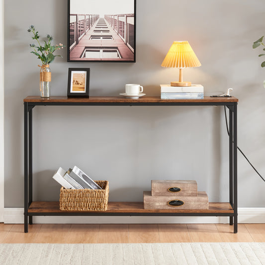 2 Tier Console Table with Power Outlets and USB Ports, Wood Entryway Table with Charging Station & Storage Shelf, Narrow 2-Tier Sofa Table for Living Room Hallway Foyer