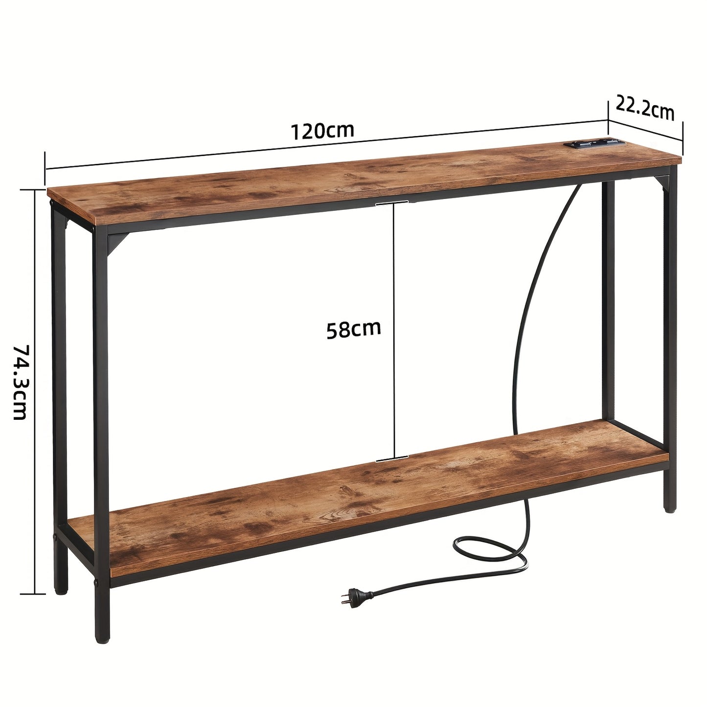 2 Tier Console Table with Power Outlets and USB Ports, Wood Entryway Table with Charging Station & Storage Shelf, Narrow 2-Tier Sofa Table for Living Room Hallway Foyer