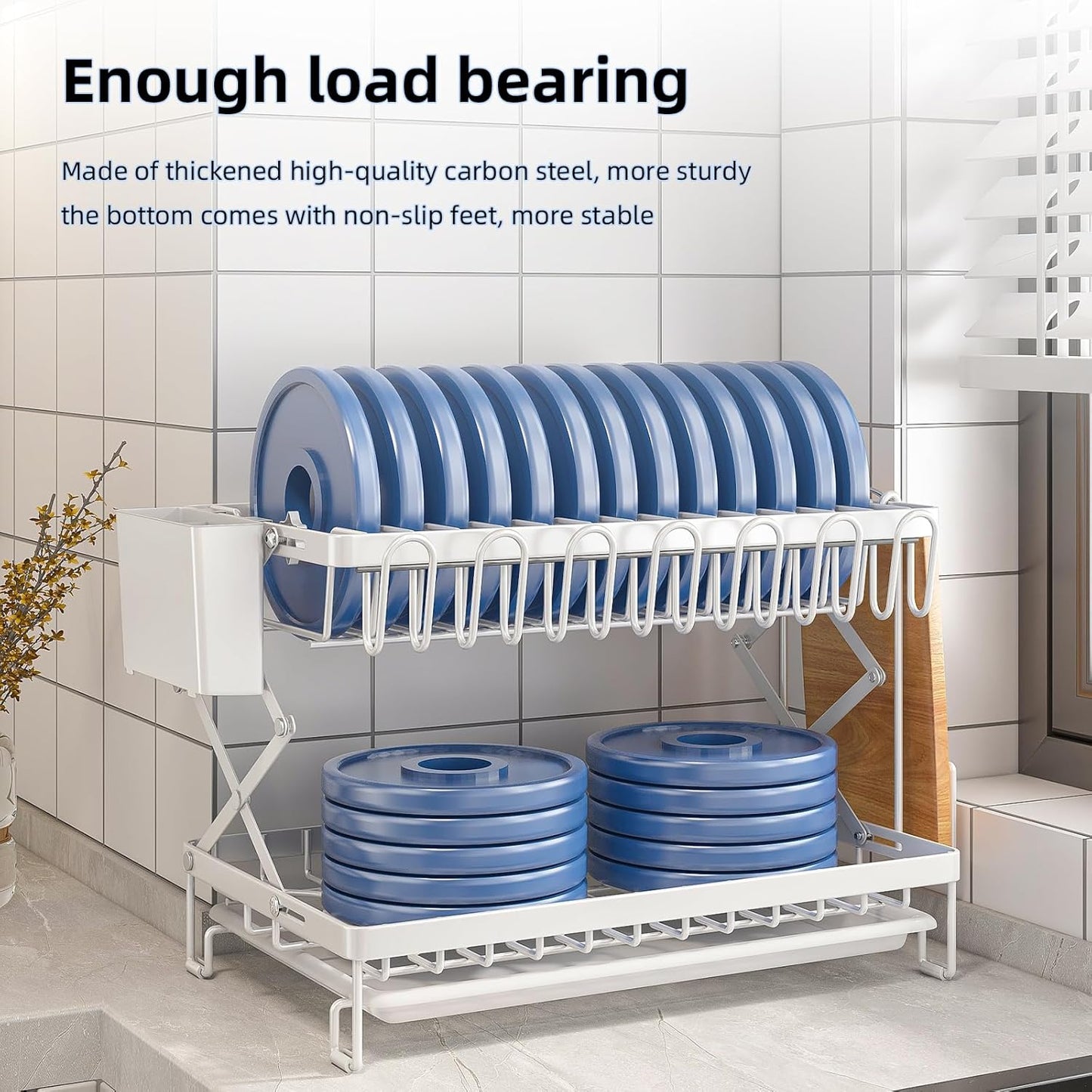 CARLA HOME 2-Tier Dish Drying Rack with Drainage Tray, Utensil Holder, Cup Hooks & Cutting Board Rack for Kitchen (White)