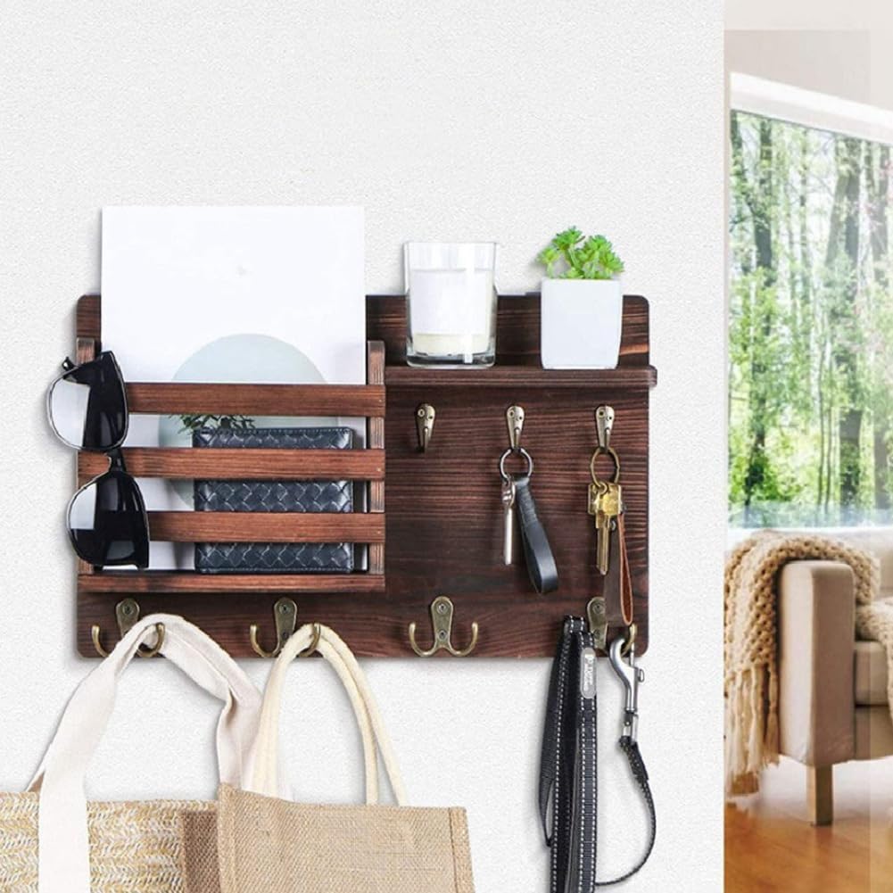 CARLA HOME Rustic Wood Wall Mounted Key and Mail Holder Organizer with Shelf, Letter Slot & 6 Hooks for Entryway Decor Home
