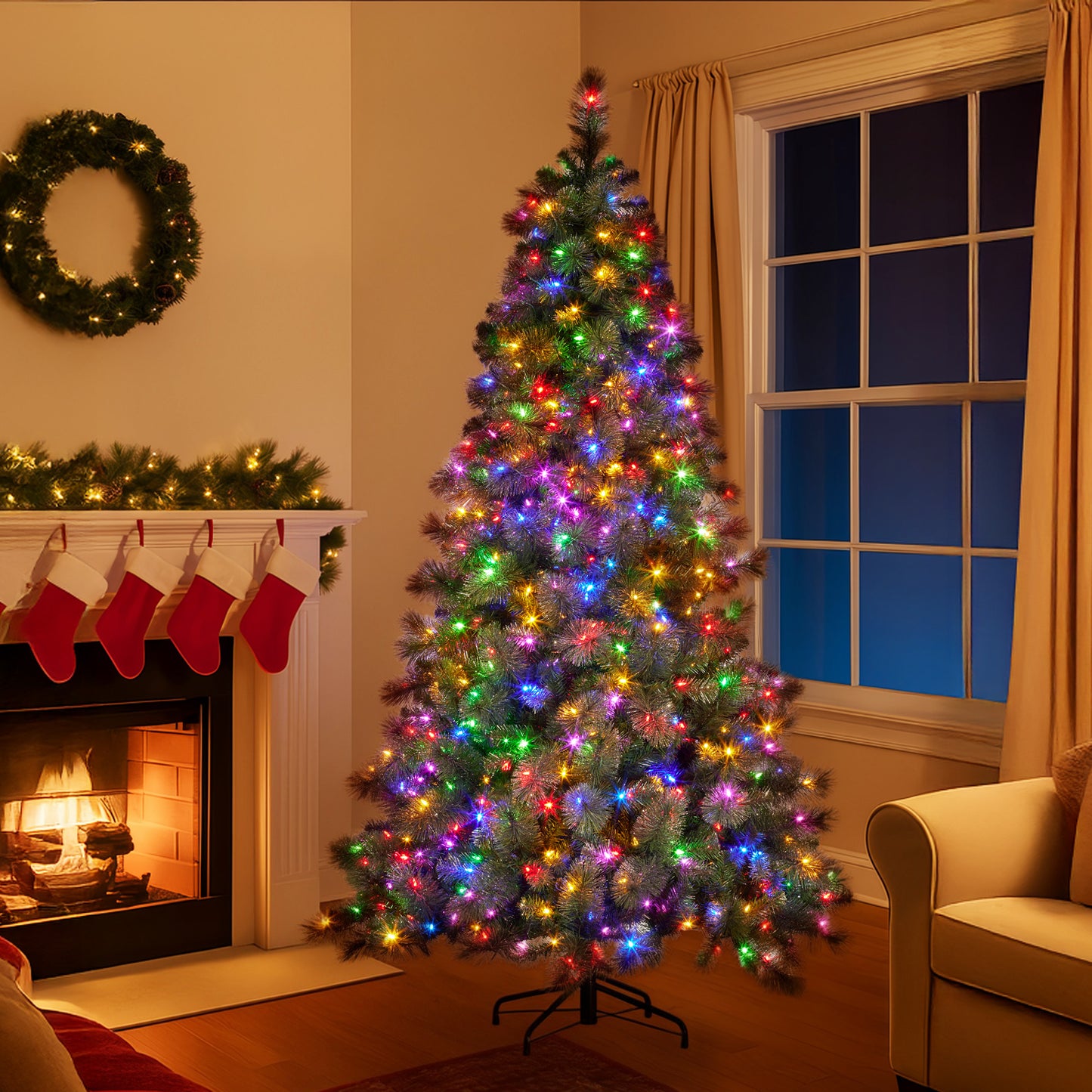 7.5ft Christmas Tree Glittery Gold Pine Led Multi-functional Lights