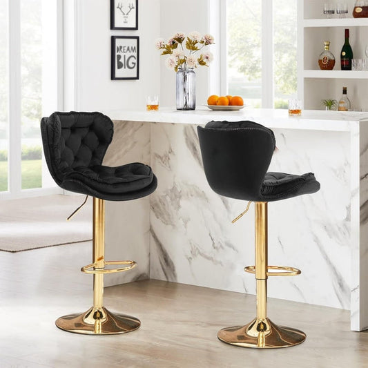 Bar Stools Set of 2 Counter Height Barstools with Back Velvet Upholstered Adjustable Stool Chair Mid Century Modern Bar Stool for Kitchen Island (Black)