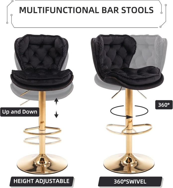 Bar Stools Set of 2 Counter Height Barstools with Back Velvet Upholstered Adjustable Stool Chair Mid Century Modern Bar Stool for Kitchen Island (Black)