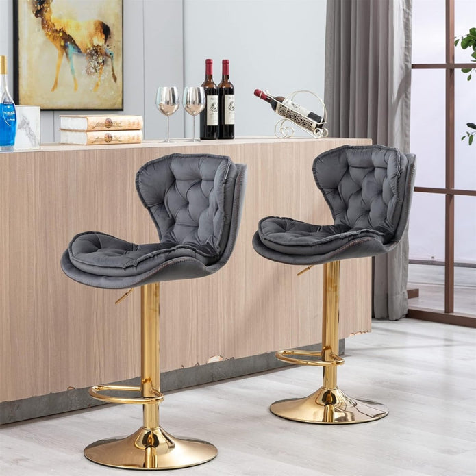 Bar Stools Set of 2 Counter Height Barstools with Back Velvet Upholstered Adjustable Stool Chair Min Century Modern Bar Stool for Kitchen Island (Grey)