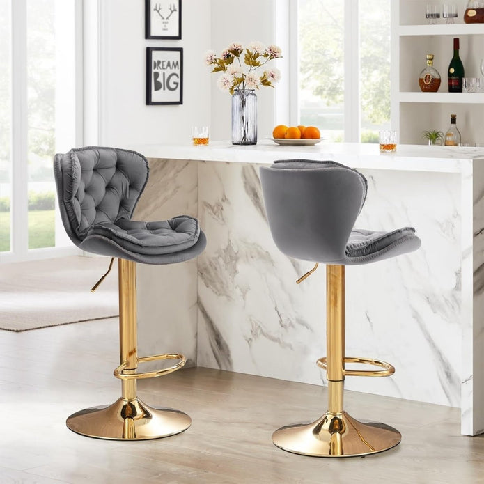 Bar Stools Set of 2 Counter Height Barstools with Back Velvet Upholstered Adjustable Stool Chair Min Century Modern Bar Stool for Kitchen Island (Grey)