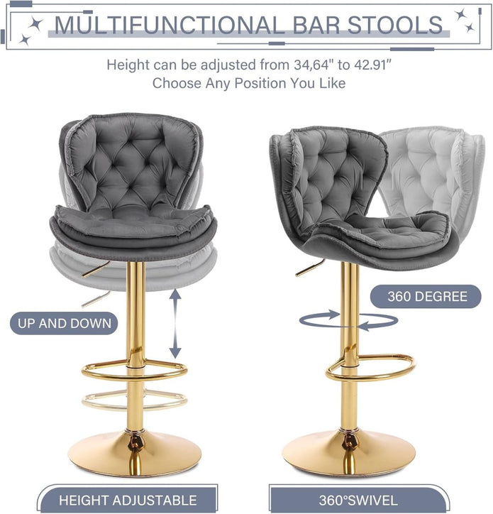 Bar Stools Set of 2 Counter Height Barstools with Back Velvet Upholstered Adjustable Stool Chair Min Century Modern Bar Stool for Kitchen Island (Grey)