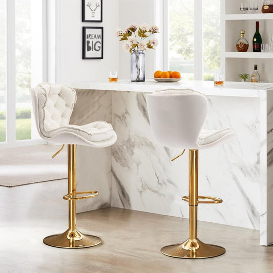 Bar Stools Set of 2 Counter Height Barstools with Back Velvet Upholstered Adjustable Stool Chair Min Century Modern Bar Stool for Kitchen Island (Ivory)