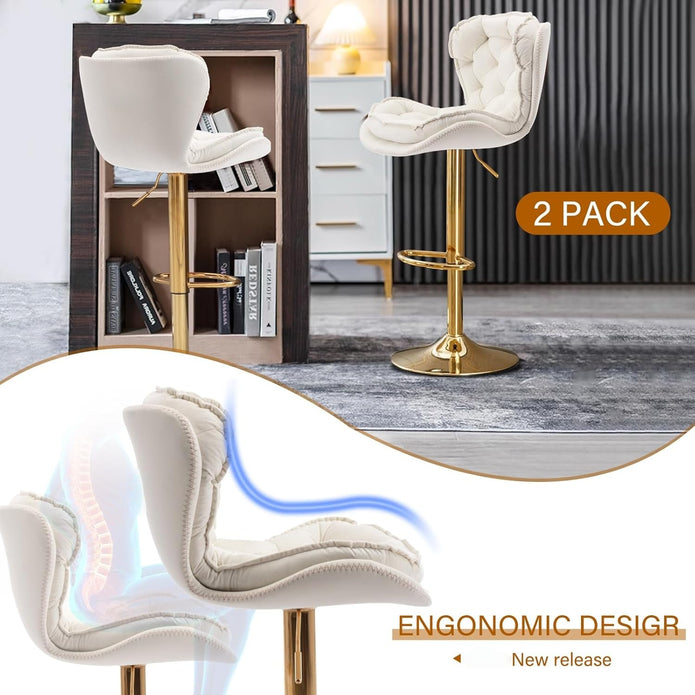 Bar Stools Set of 2 Counter Height Barstools with Back Velvet Upholstered Adjustable Stool Chair Min Century Modern Bar Stool for Kitchen Island (Ivory)