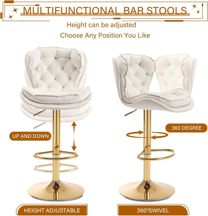 Bar Stools Set of 2 Counter Height Barstools with Back Velvet Upholstered Adjustable Stool Chair Min Century Modern Bar Stool for Kitchen Island (Ivory)