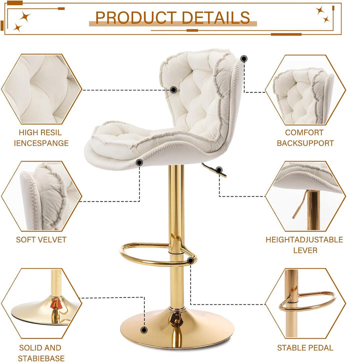 Bar Stools Set of 2 Counter Height Barstools with Back Velvet Upholstered Adjustable Stool Chair Min Century Modern Bar Stool for Kitchen Island (Ivory)