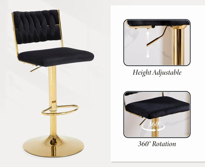 SERENITà  2x Velvet Bar Stools with Braided Back Elegant Kitchen High Chairs, Kitchen Island Stools Adjustable Height Swivel Bar Chairs with Gold Legs for Home-Black