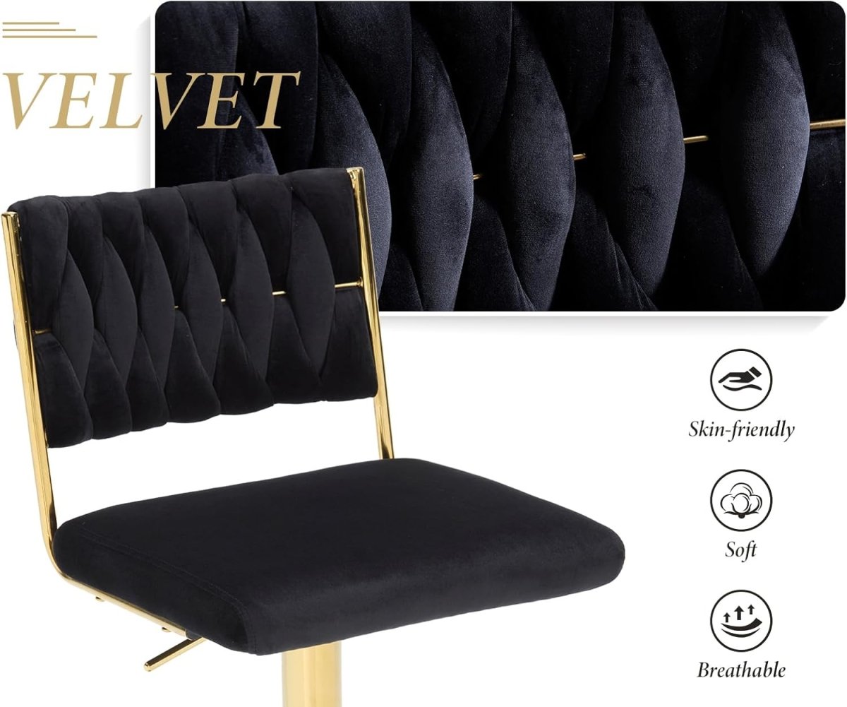 SERENITà  2x Velvet Bar Stools with Braided Back Elegant Kitchen High Chairs, Kitchen Island Stools Adjustable Height Swivel Bar Chairs with Gold Legs for Home-Black