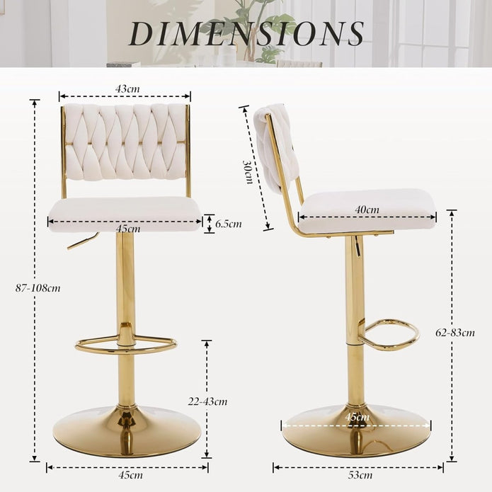 SERENITà  2x Velvet Bar Stools with Braided Back Elegant Kitchen High Chairs, Kitchen Island Stools Adjustable Height Swivel Bar Chairs with Gold Legs for Home-White