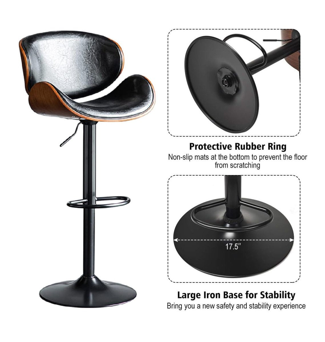 Black Modern Bar Stools Swivel Bar Stool Chair Counter Height Barstool with 360 Degree Swivel Seat