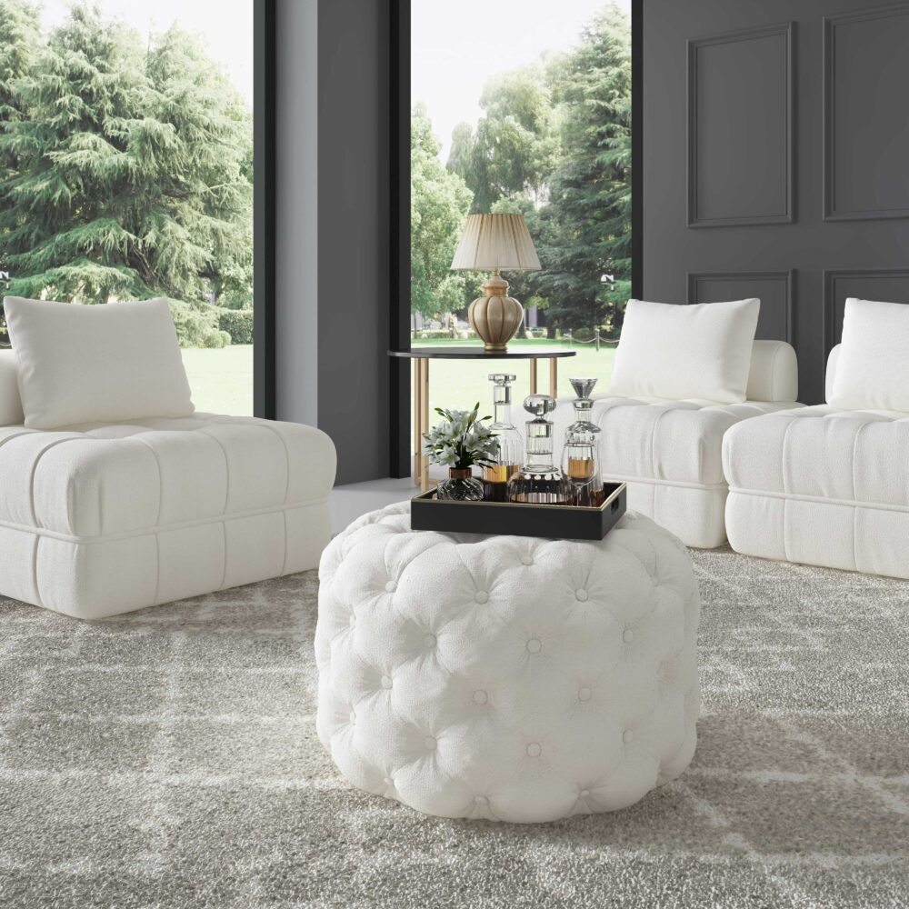 BouclÃ© White Ottoman-Round