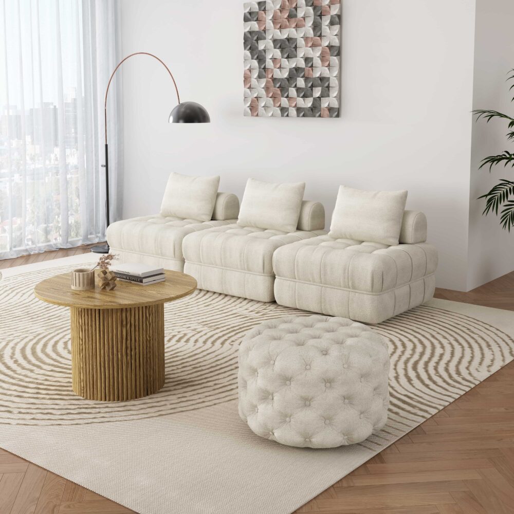 BouclÃ© White Ottoman-Round
