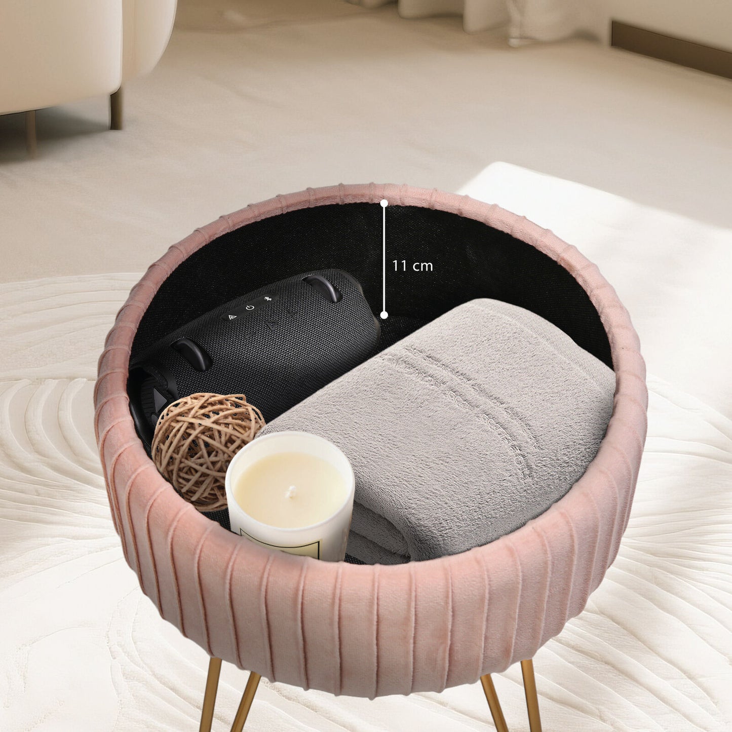 Side Table Storage Ottoman - Velvet Padded Stool Vanity Footstool REMY PINK