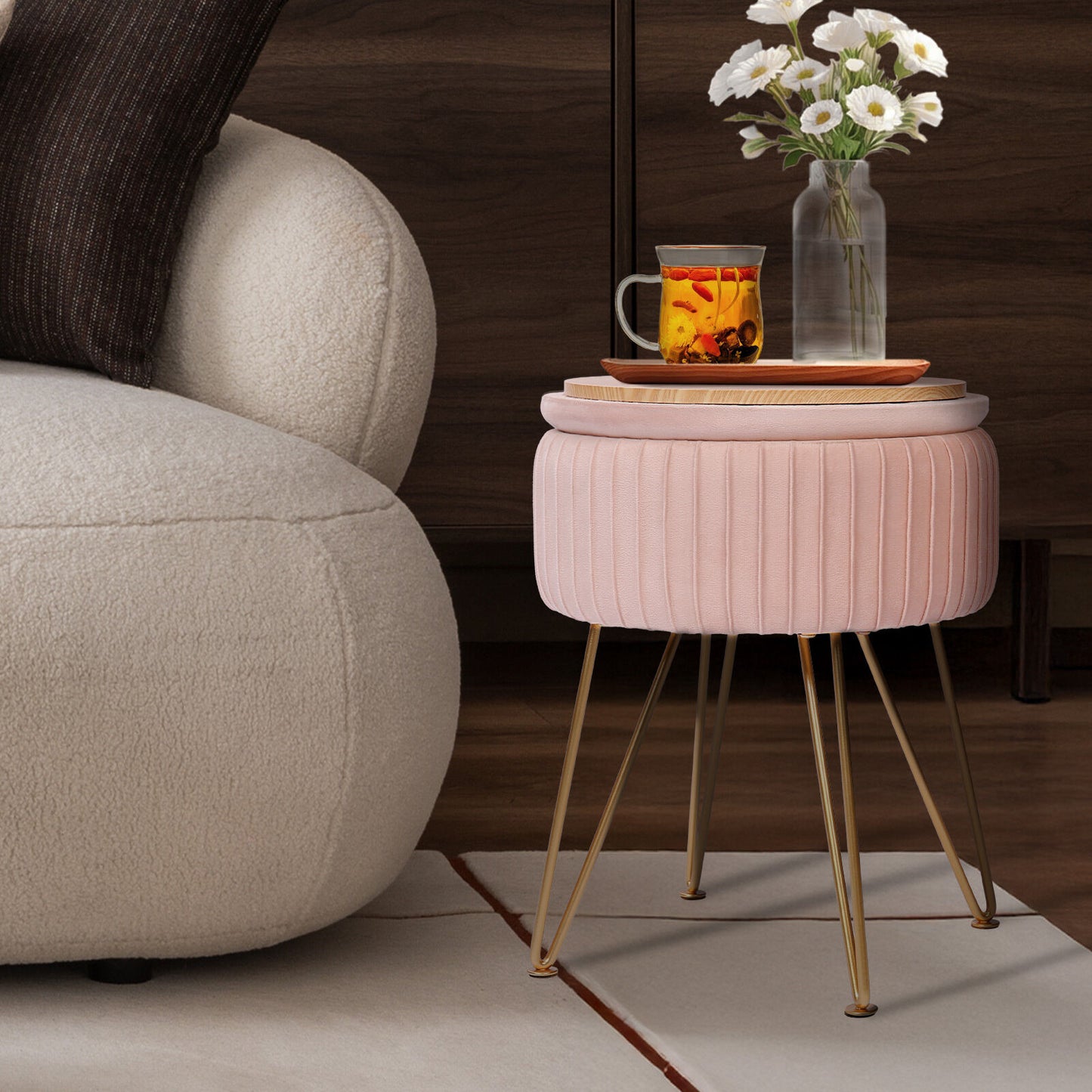 Side Table Storage Ottoman - Velvet Padded Stool Vanity Footstool REMY PINK