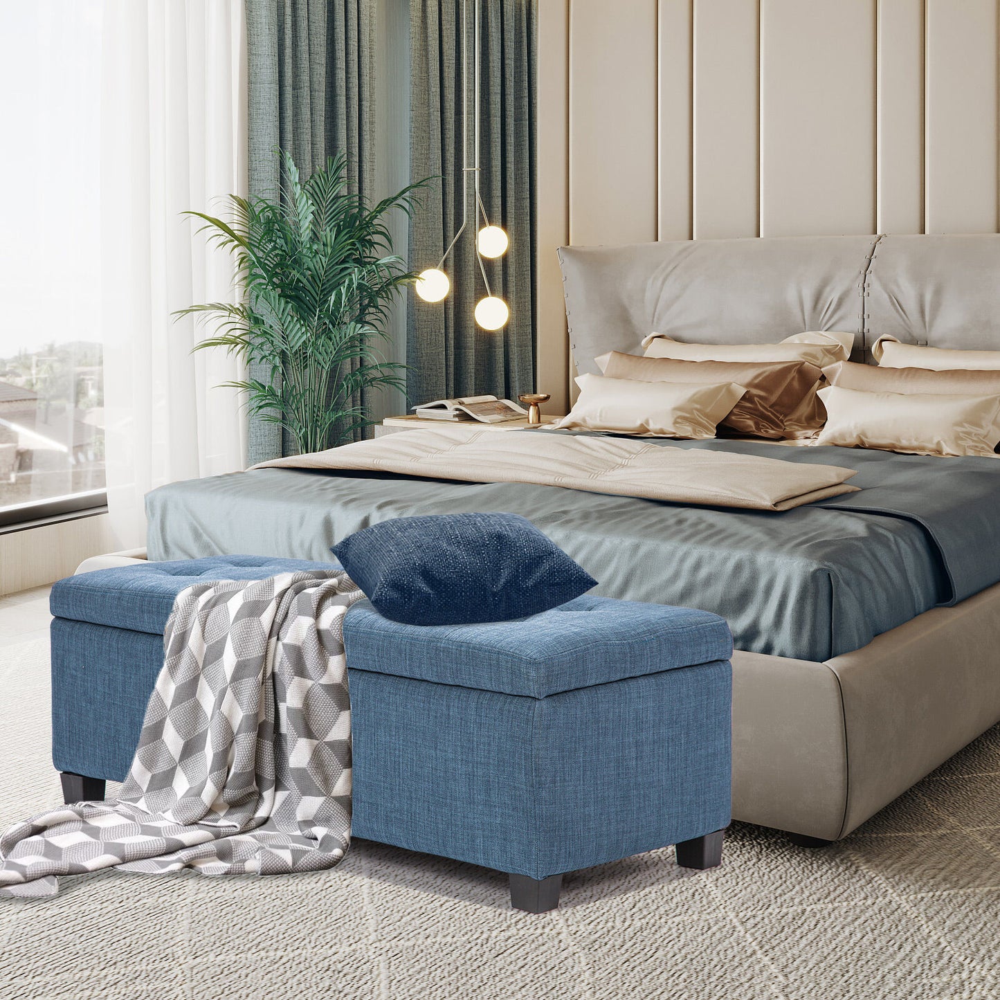 Storage Ottoman Stool 102cm Fabric DARK BLUE