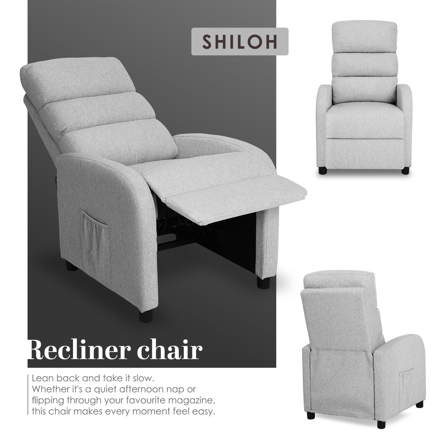 Home Recliner Chair - Linen Fabric Sofa Lounge Armchair SHILOH GREY