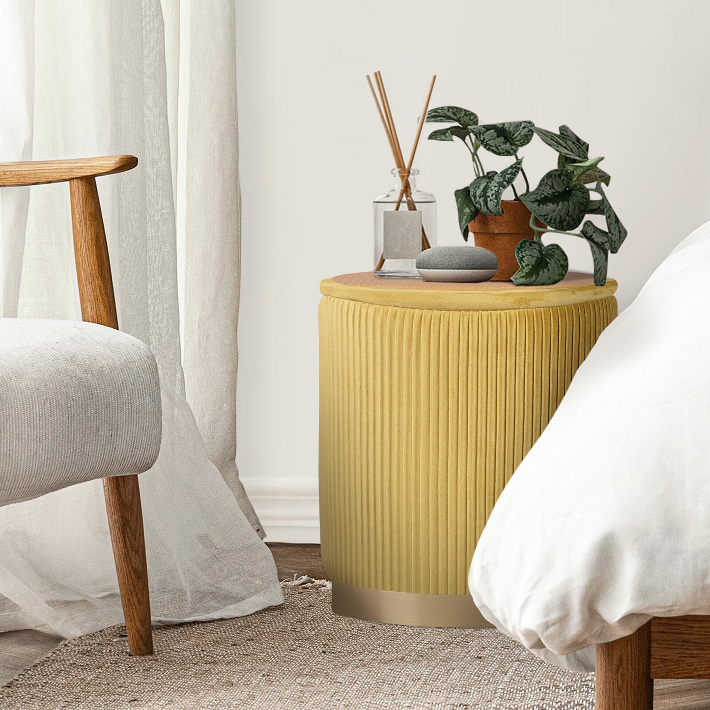 2X Side Table Storage Ottoman - Velvet Stool MIRA Mustard