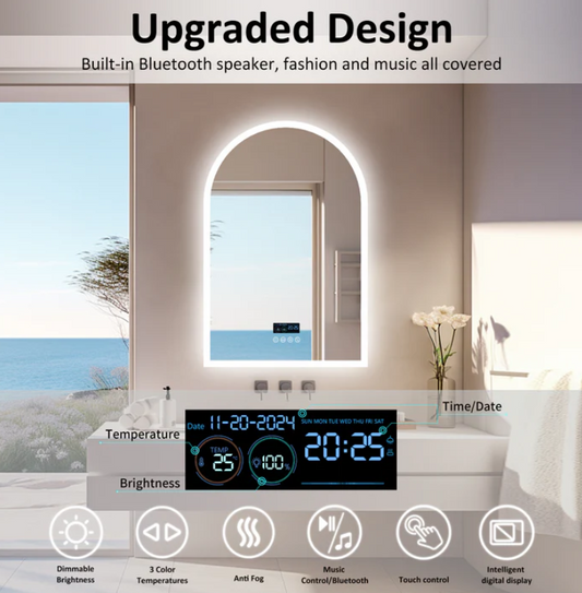 Interior Ave - 90 x 60cm Arched Frameless LED Bathroom Mirror â€“ Bluetooth