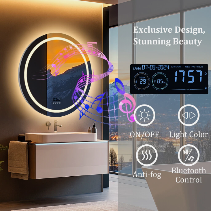 Interior Ave - 80cm Round Frameless LED Bathroom Mirror â€“ Bluetooth