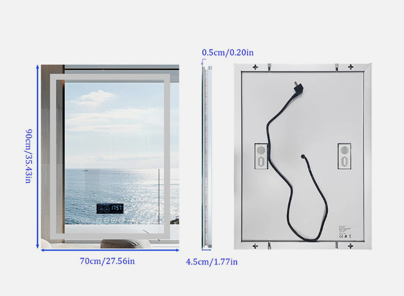 Interior Ave - 70 x 90cm Rectangle Frameless LED Bathroom Mirror â€“ Bluetooth