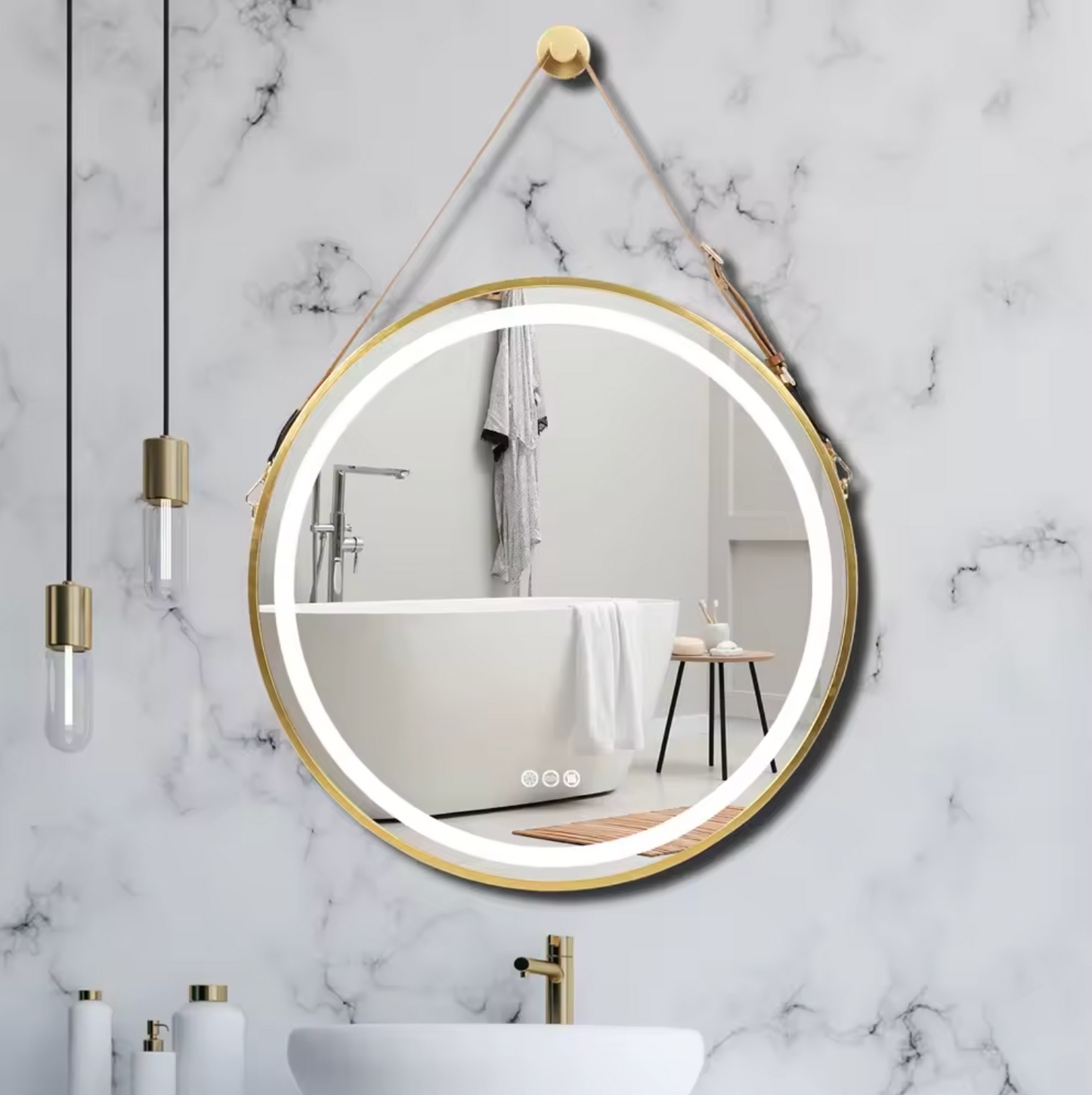 Interior Ave - 80cm Round Gold Hanging LED Bathroom Mirror