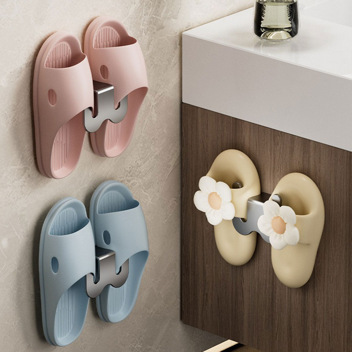3PCS Wall Mounted Slipper Rack Bathroom Shoe Storage Hook Holder Organiser - Grey