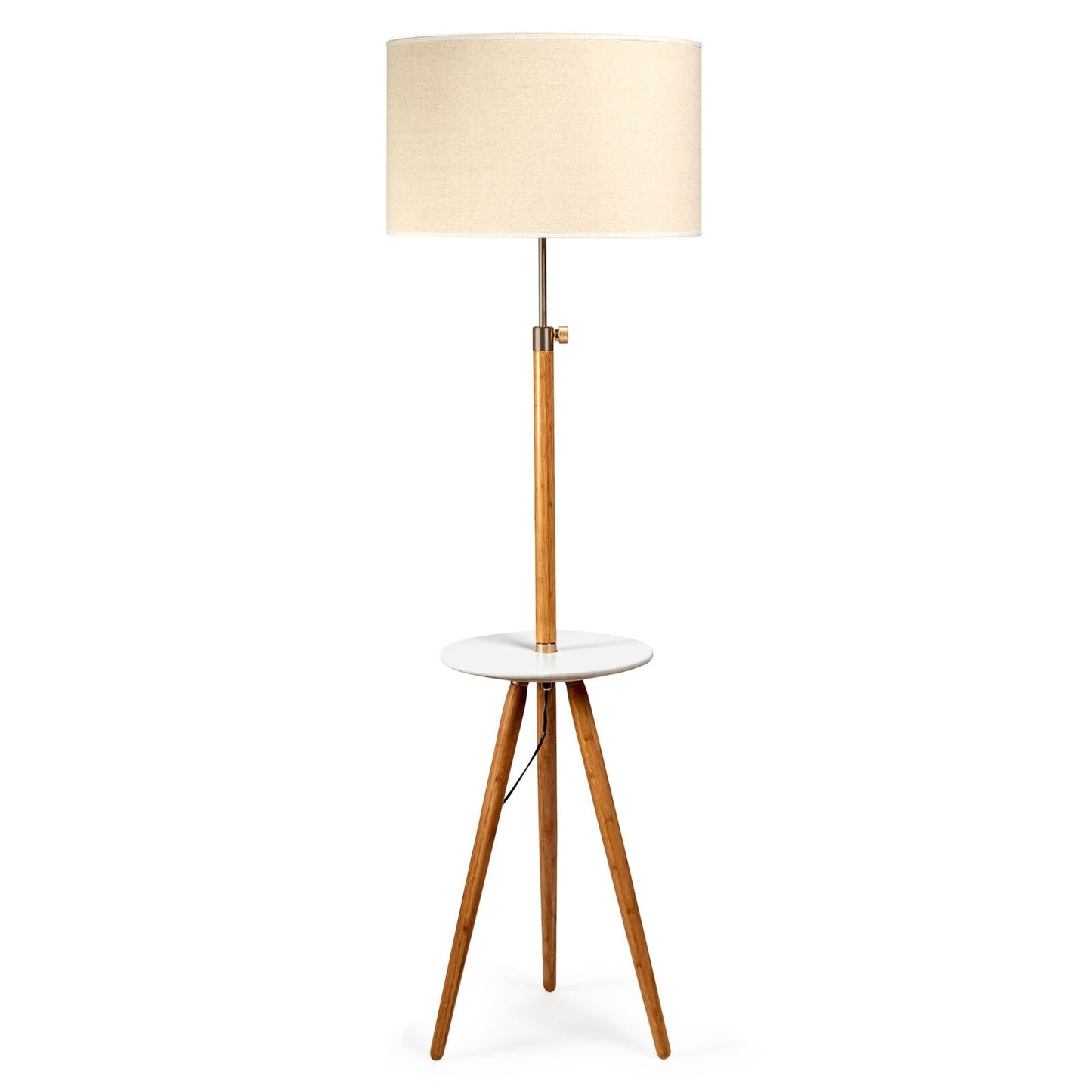 165cm Adjustable Bamboo Tripod Floor Lamp Light with Linen Shade & Built-In Table