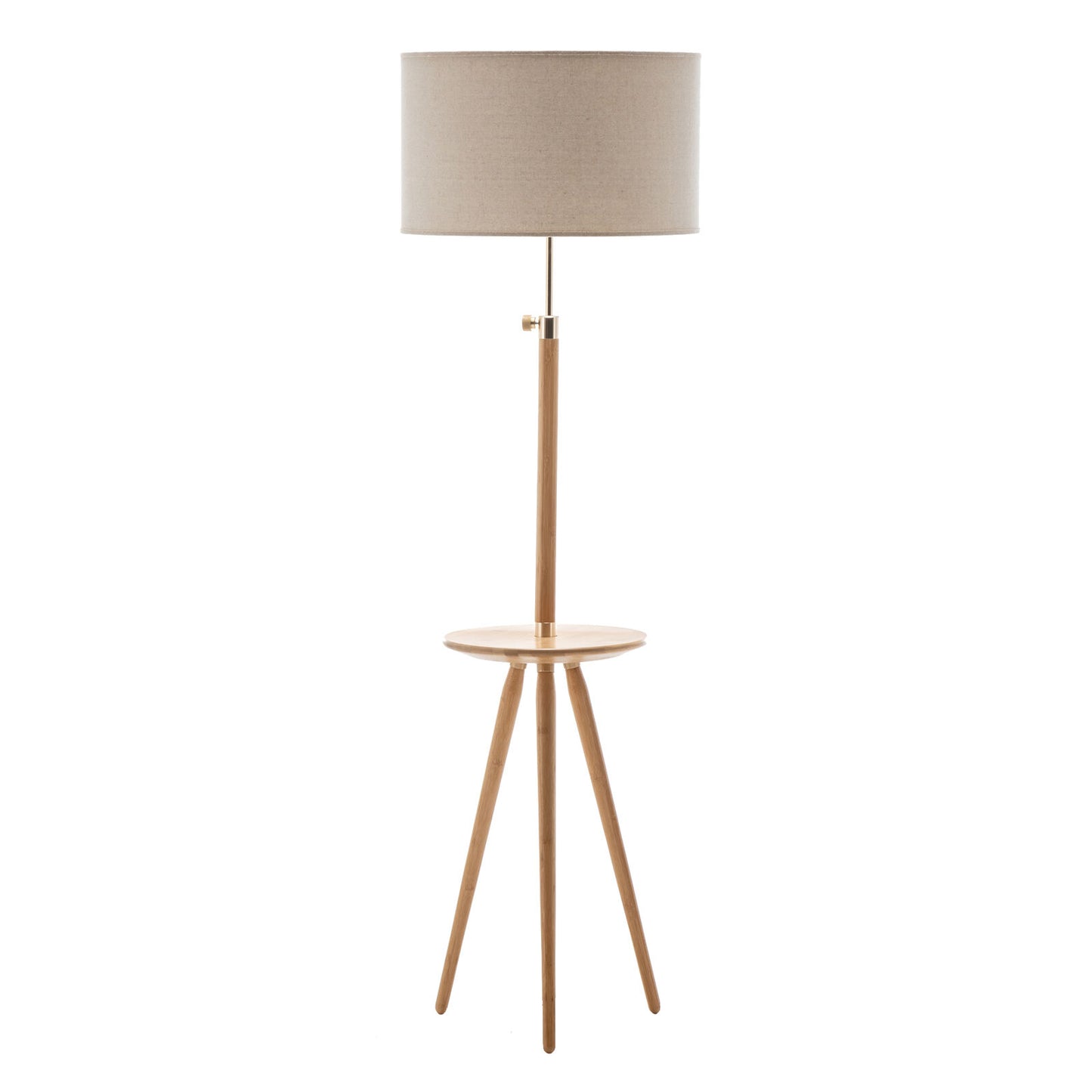 165cm Adjustable Bamboo Tripod Floor Lamp Light with Linen Shade & Built-In Table