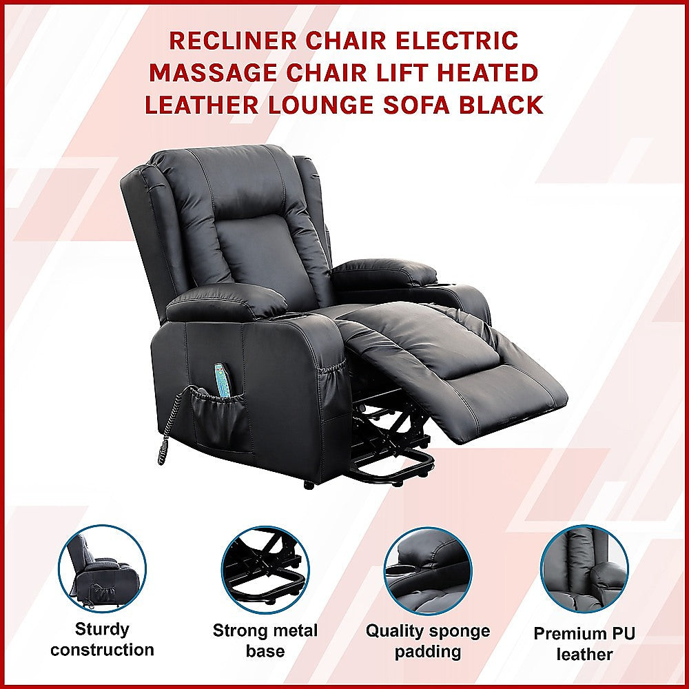 Recliner Chair â€“ Electric Massage Lift Chair with Heat Function PU Leather Lounge Sofa Black