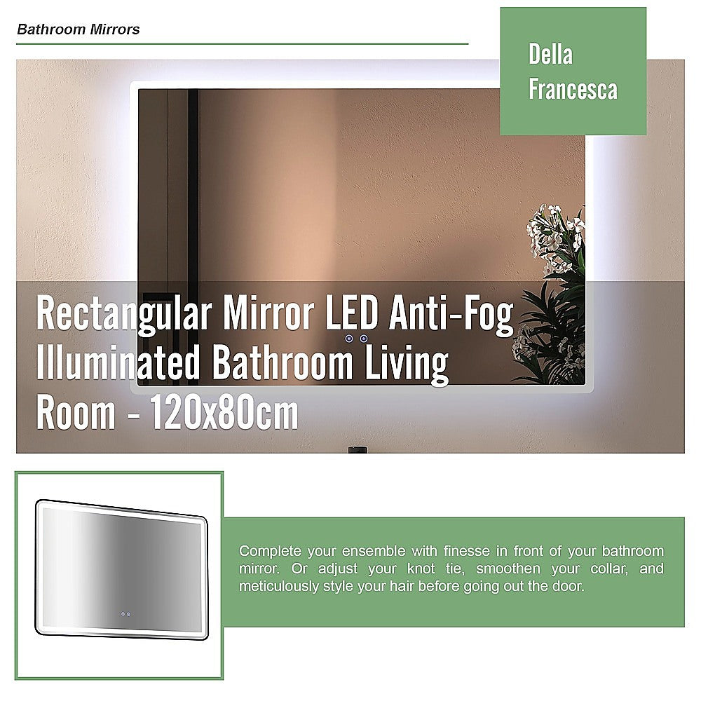 Rectangular Mirror LED Anti-Fog Illuminated Bathroom Living Room - 120x80cm