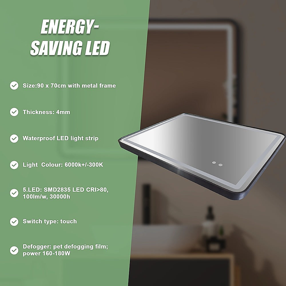 Rectangular Mirror LED Anti-Fog Illuminated Bathroom Living Room - 90x70cm