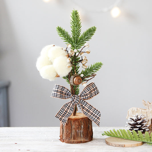 Mini Rustic Christmas Tree Decoration â€“ 9.84 Inches Tall with Cotton and Plaid Bow Accents (4 trees)