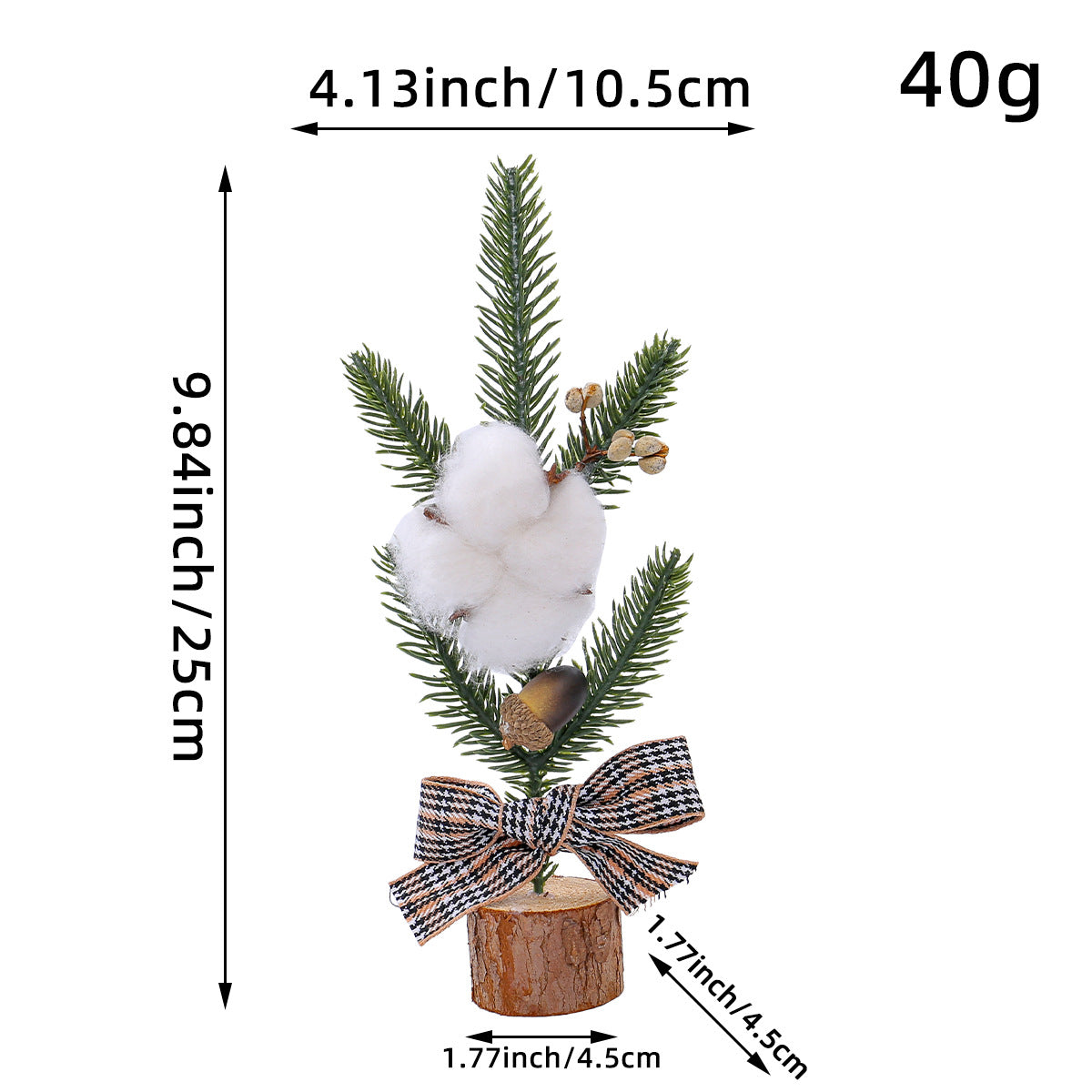 Mini Rustic Christmas Tree Decoration â€“ 9.84 Inches Tall with Cotton and Plaid Bow Accents (4 trees)
