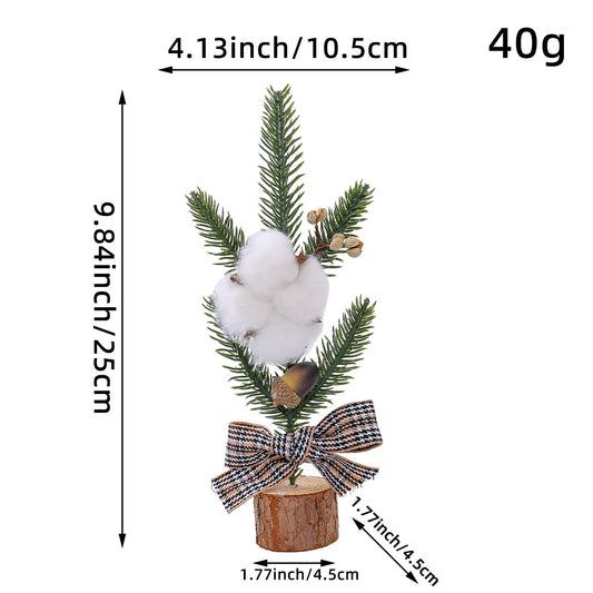 Mini Rustic Christmas Tree Decoration â€“ 9.84 Inches Tall with Cotton and Plaid Bow Accents (4 trees)