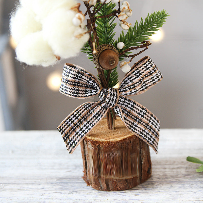 Mini Rustic Christmas Tree Decoration â€“ 9.84 Inches Tall with Cotton and Plaid Bow Accents (4 trees)