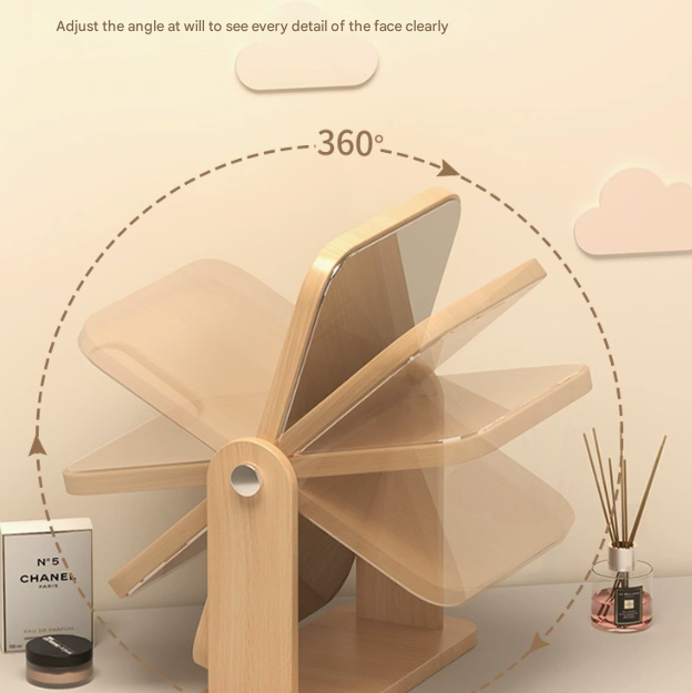 Vertical Square Folding Mirror Tabletop Makeup Mirror - Large Wooden Swivel Vanity Mirror for Desk