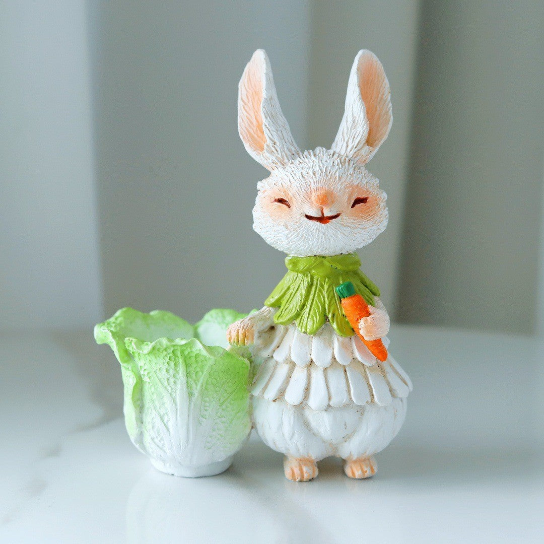 Green Bunny with Bucket Whimsical Bunny Garden Decor - Easter Flower Pot Statue