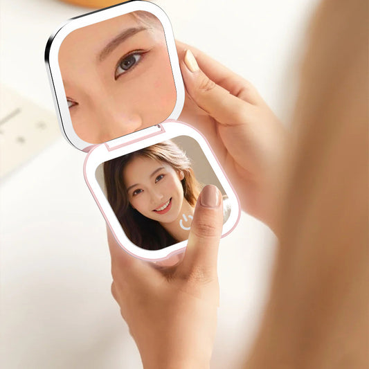 White LED Makeup Mirror with Light - Portable Folding USB Rechargeable Compact Mirror with 3 Color Lighting
