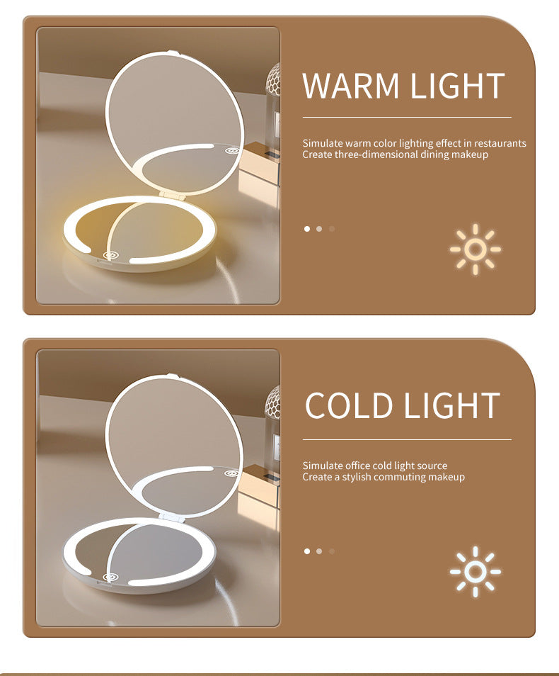 White Portable LED Makeup Mirror with Tricolor Lights - Rechargeable Folding Travel Mirror