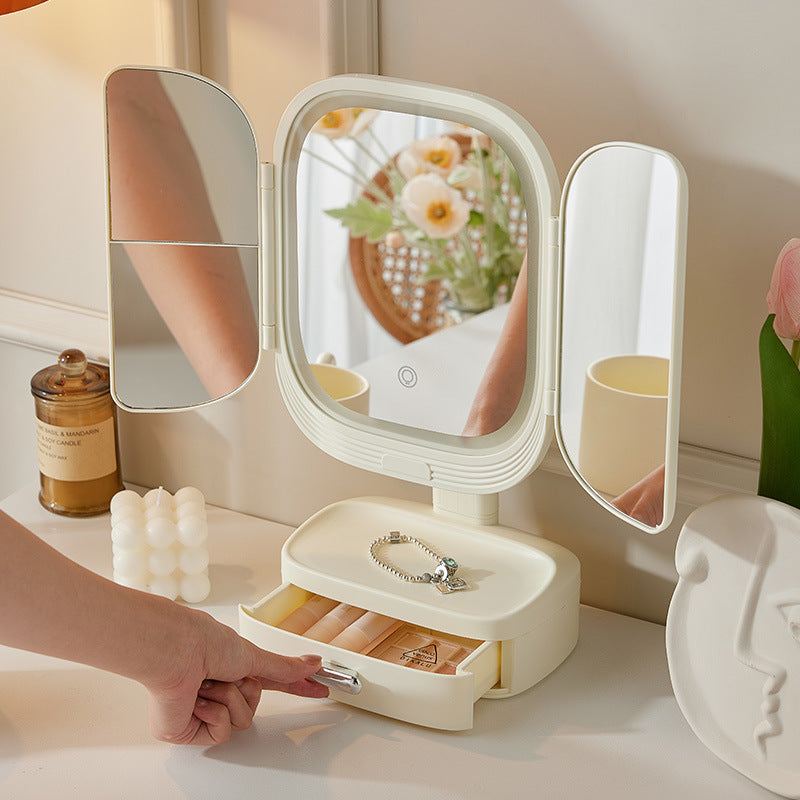 Milky White LED Lighted Tri-Fold Makeup Mirror with Storage Drawer & Magnification(USB Charging Port)