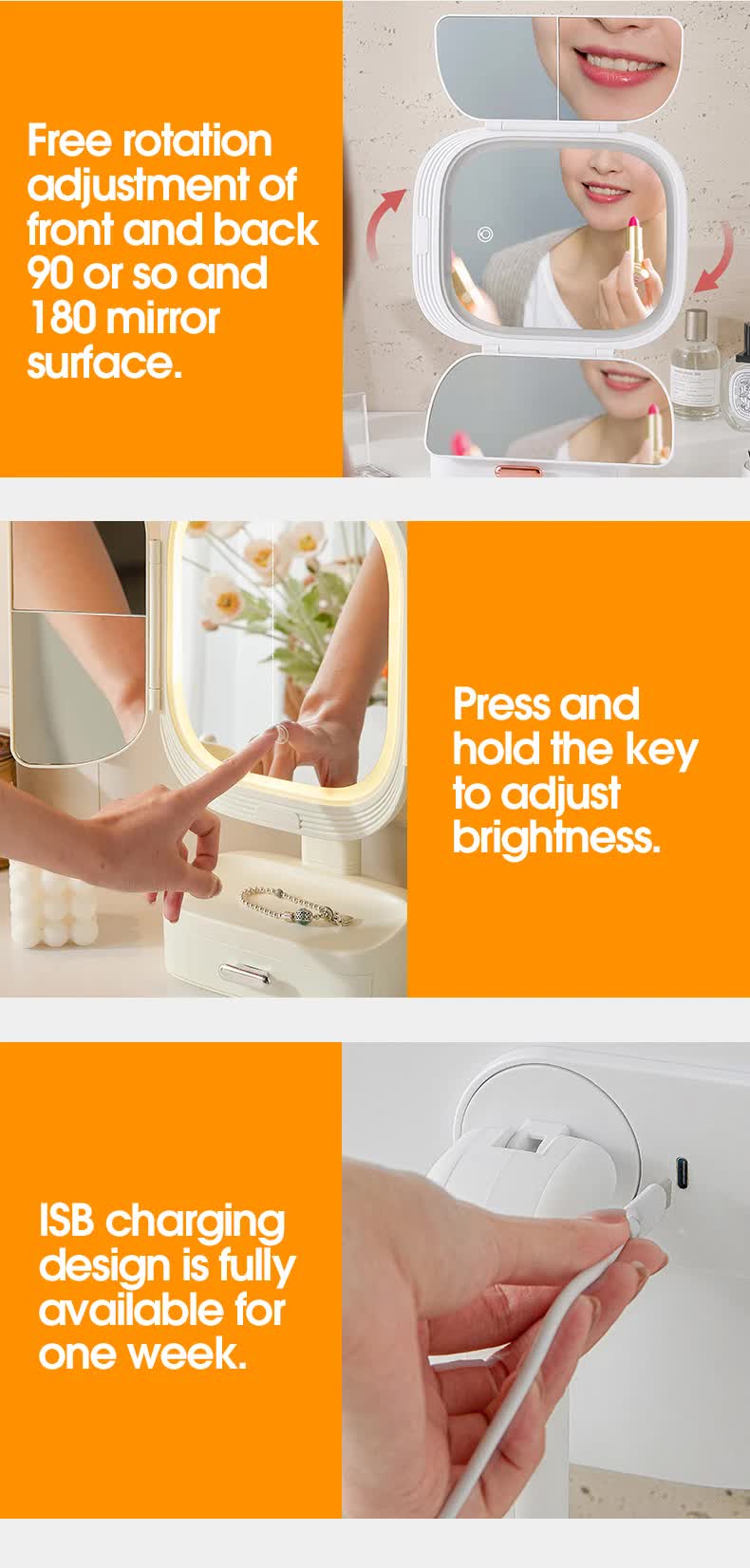 Milky White LED Lighted Tri-Fold Makeup Mirror with Storage Drawer & Magnification(USB Charging Port)