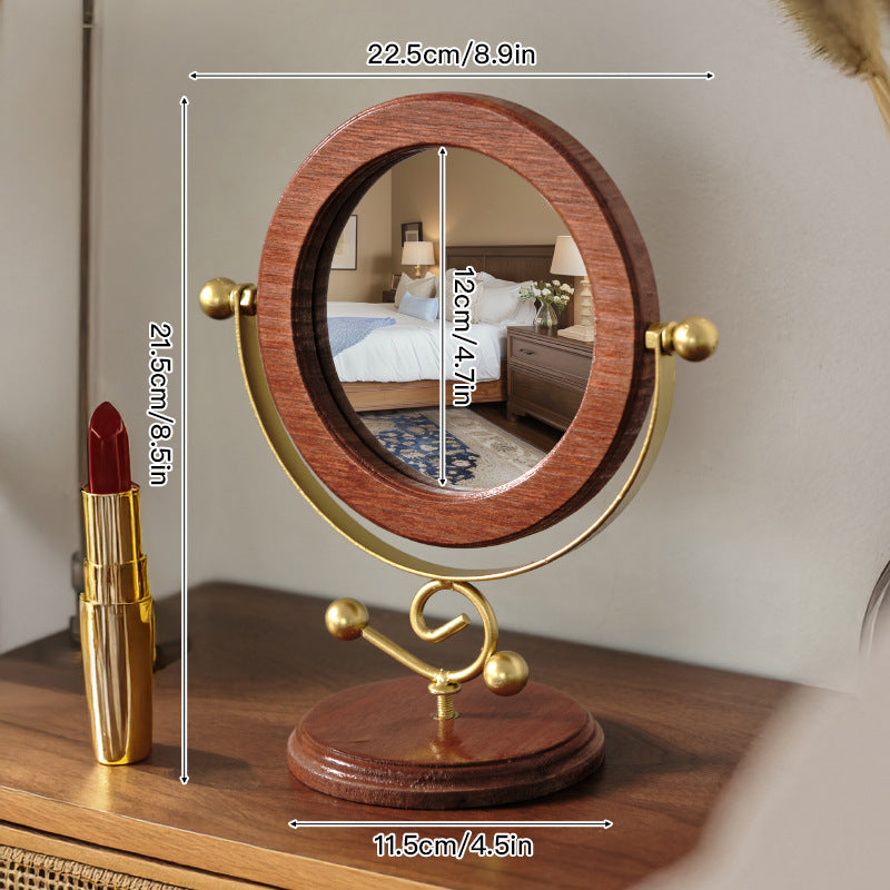 Gold and Brown Vintage Solid Wood Makeup Mirror - 360Â° Rotating Desktop Vanity Mirror