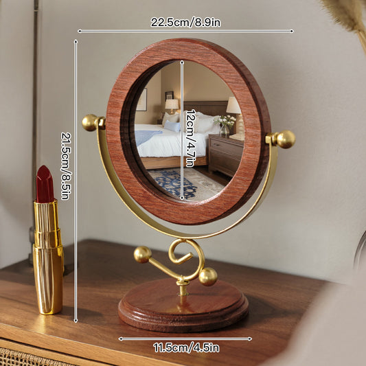 Gold and Brown Vintage Solid Wood Makeup Mirror - 360Â° Rotating Desktop Vanity Mirror